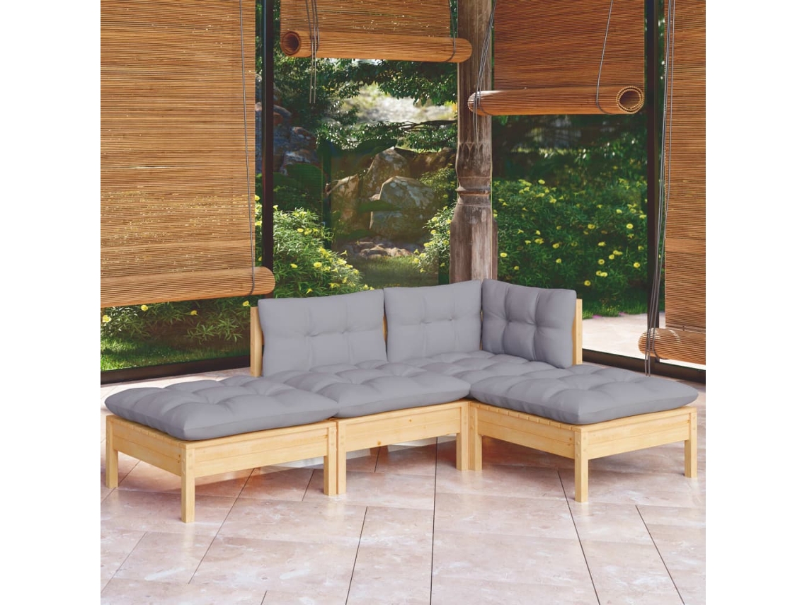 Vidaxl 4 Pcs Conjunto Lounge De Jardim + Almofadões Cinza Pinho Maciço