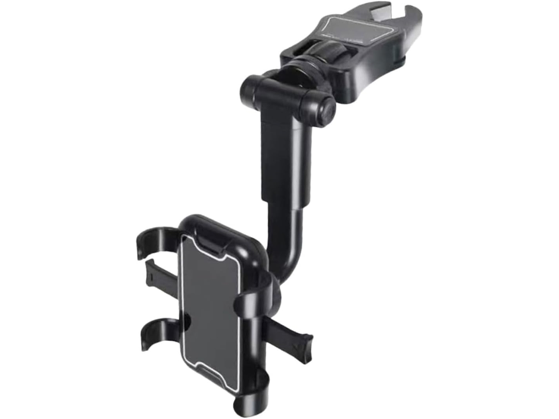 Suporte para celular veicular com espelho retrovisor giratório ajustável e suporte para celular.