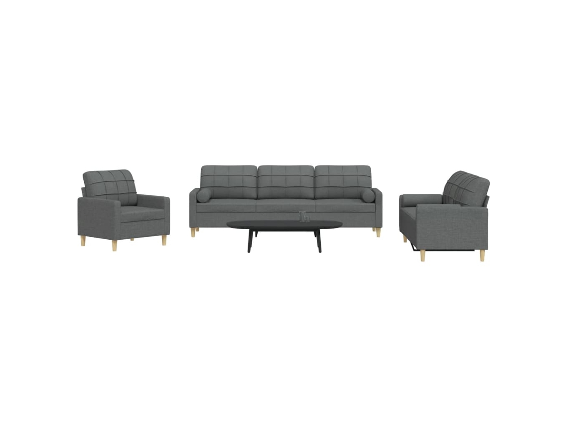 Vidaxl 3 Pcs Conjunto De Sofás Com Almofadões Tecido Cinzento-escuro