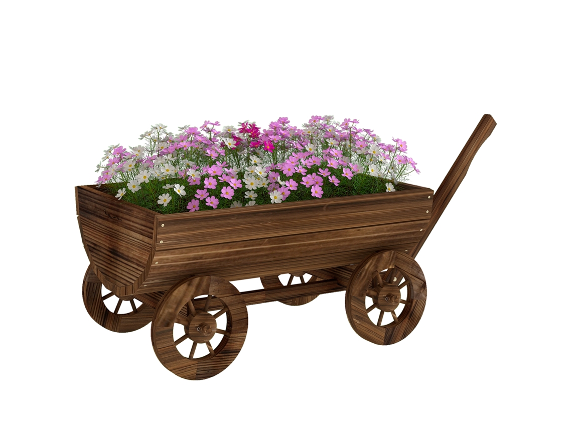 Carrinho de madeira com 4 rodas e alça para jardim externo com furo de drenagem 115x40x54,5cm carbonizado BTFORUS