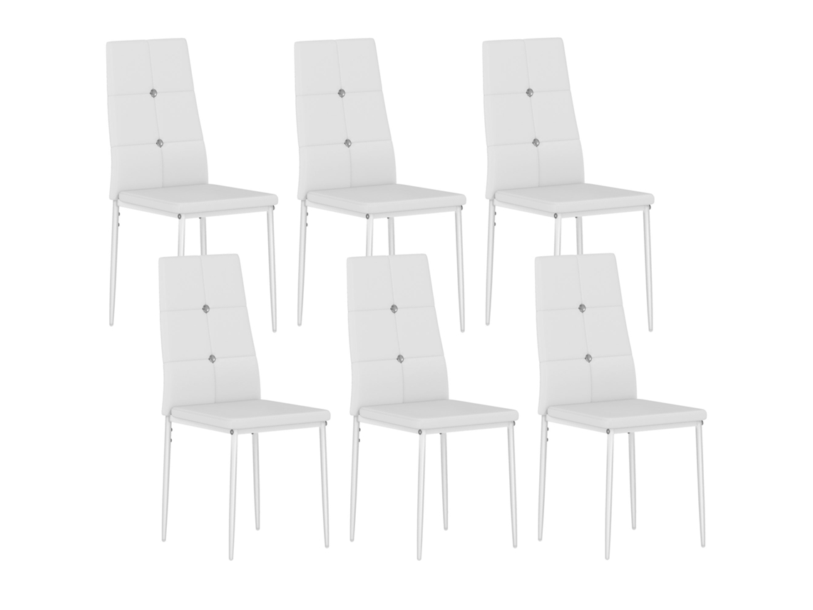 Conjunto de 6 Cadeiras de Jantar Estofadas em Pu com Encosto Alto com Botões e Pernas de Aço Design Moderno Branco Ge