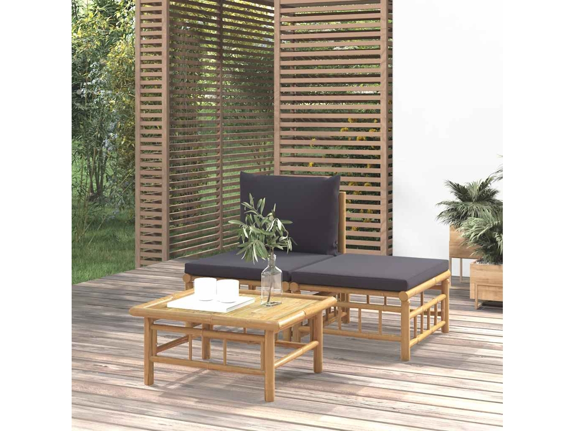Vidaxl 3pcs Conj. Lounge De Jardim Bambu C/ Almofadões Cinzento-escuro