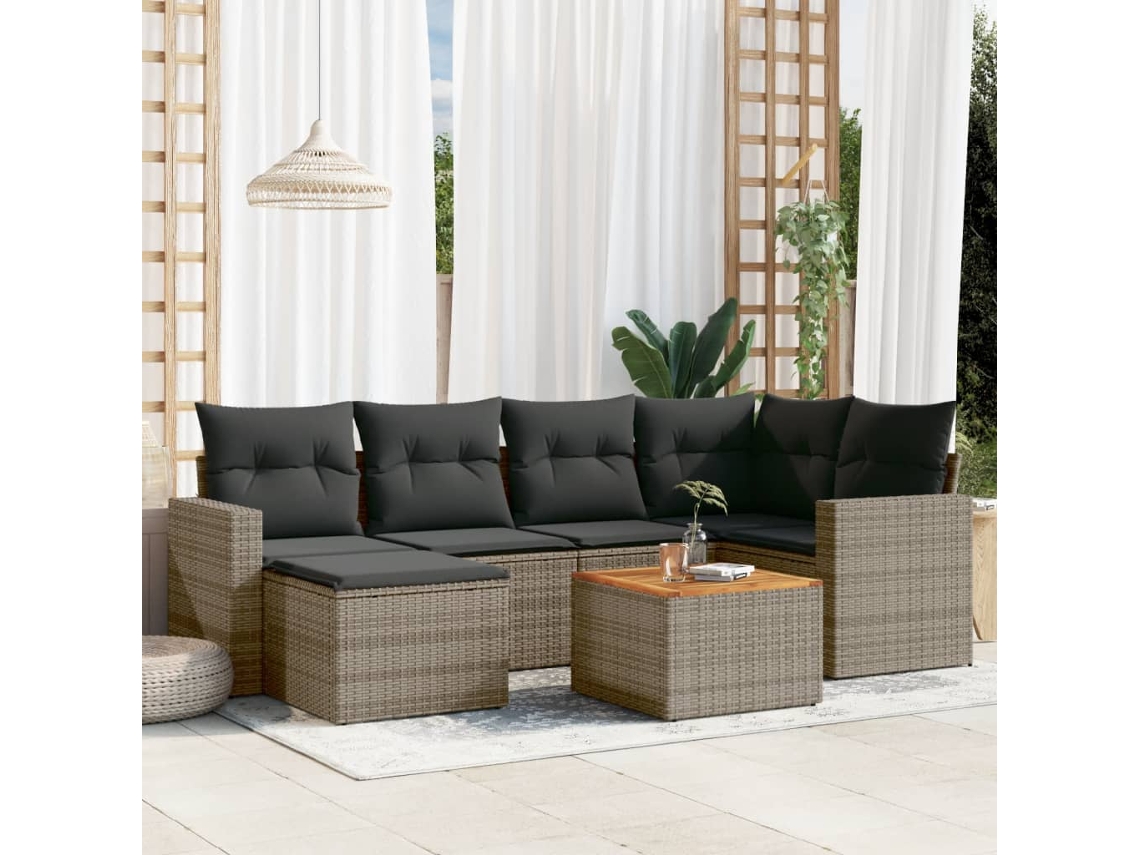 Vidaxl 7 Pcs Conjunto Sofás P/ Jardim C/ Almofadões Vime Pe Cinzento