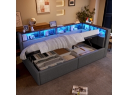 Sofá Cama 90x200 Cm Usb Type-c Led Armazenamento Linho Cinza