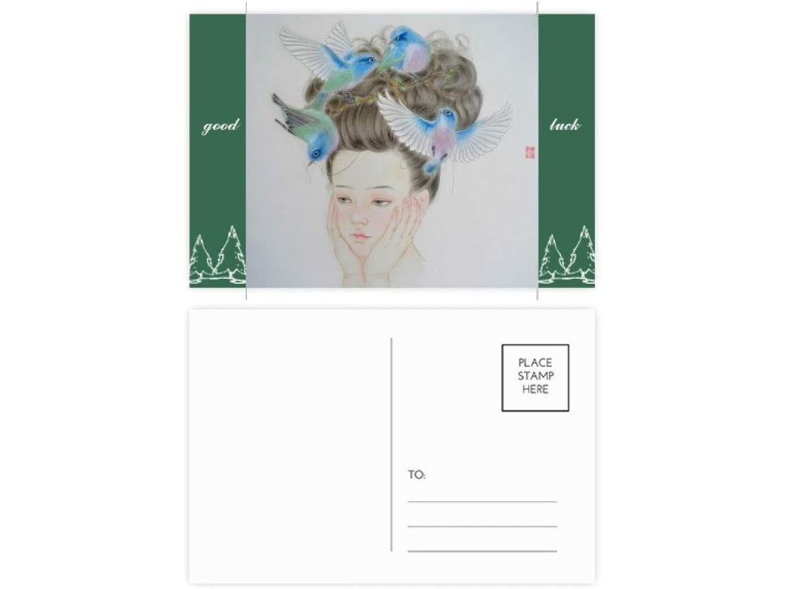 Conjunto de 20 Cartões postais Diythinker com Pintura Chinesa Menina Bonita e Pássaro Azul, da Sorte, Medindo