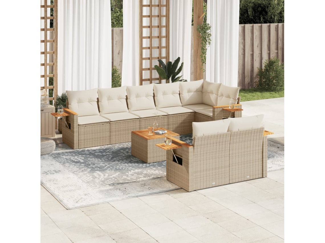 9 Pcs Conjunto De Sofás P/ Jardim Com Almofadões Vime Pe Bege Dkd Home Decor