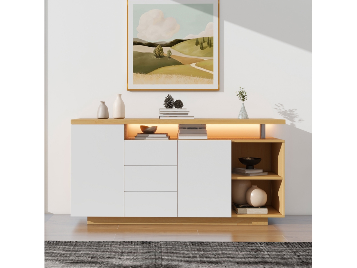 Buffet Com Iluminação Led 2 Portas, 3 Gavetas, 2 Nichos Natural E Branco Estilo