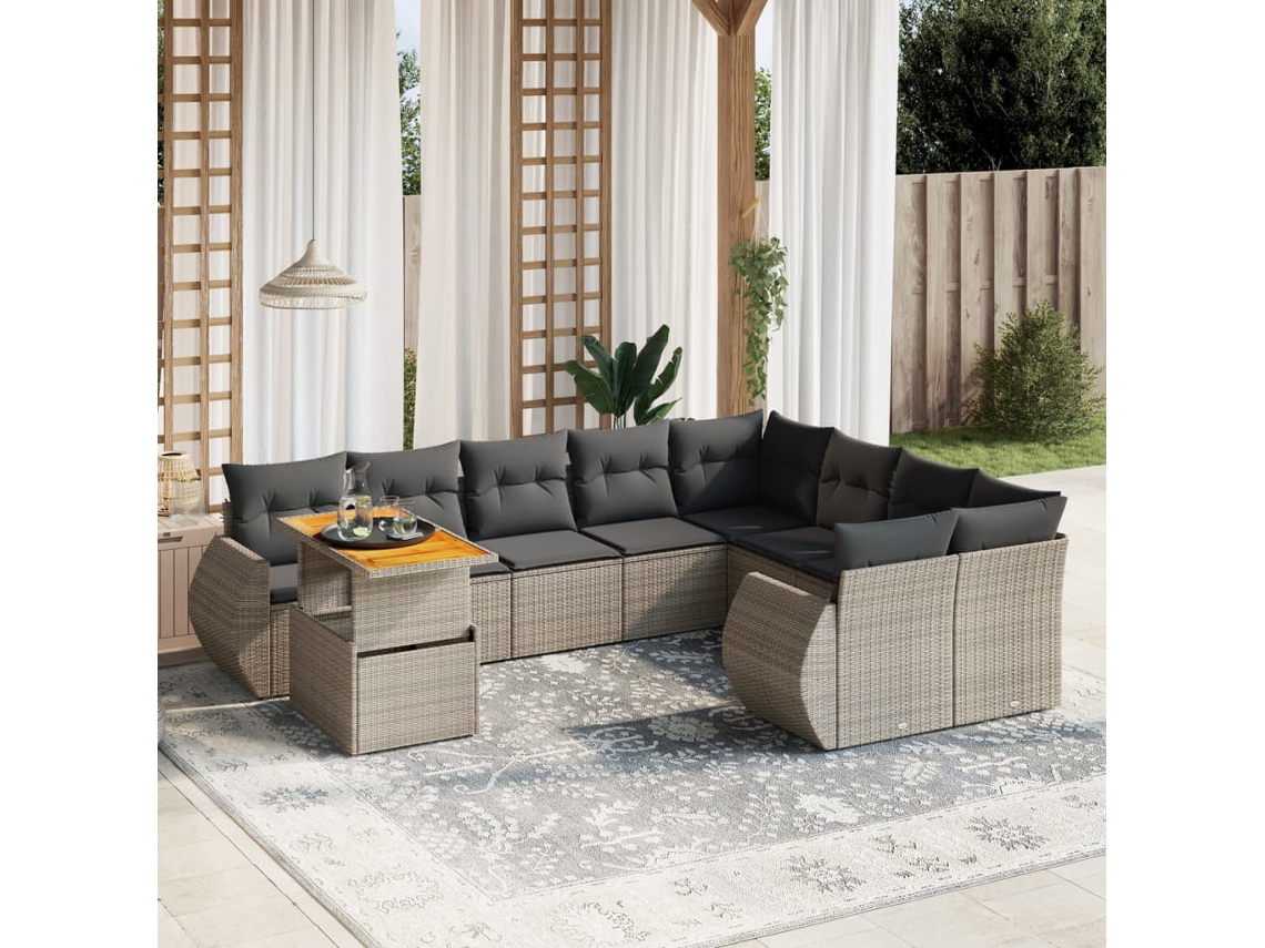 Vidaxl 10 Pcs Conjunto Sofás De Jardim C/ Almofadões Vime Pe Cinzento
