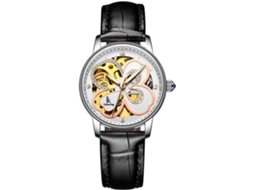 Lurelia Pulseira Para Relógio, Automático, Detalhes Com Strass, Mostrador Esqueleto, Aço Inoxidável, Couro, Dourado