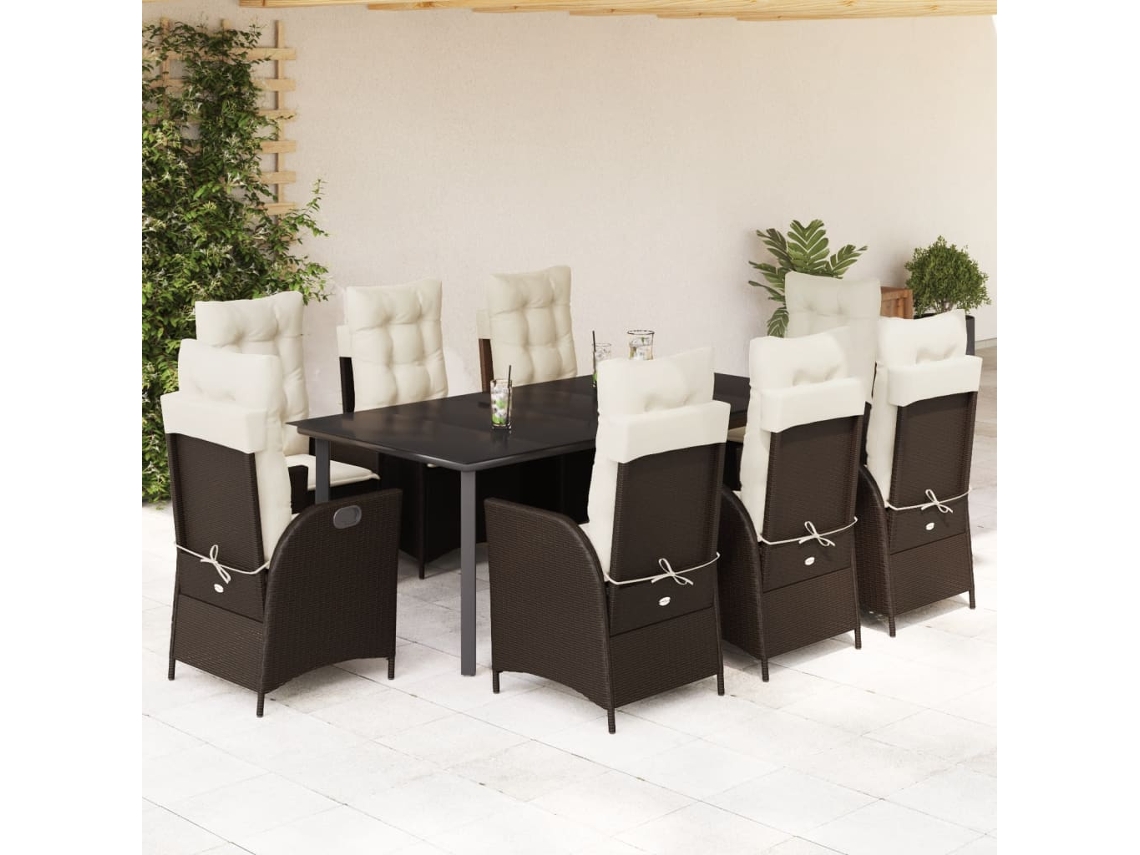 9 Pcs Conjunto Jantar P/ Jardim C/ Almofadões Vime Pe Marrom Dkd Home Decor