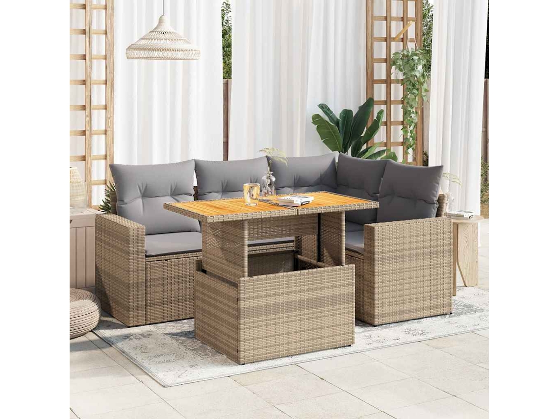 Vidaxl 5 Pcs Conjunto De Sofás P/ Jardim Com Almofadões Vime Pe Bege