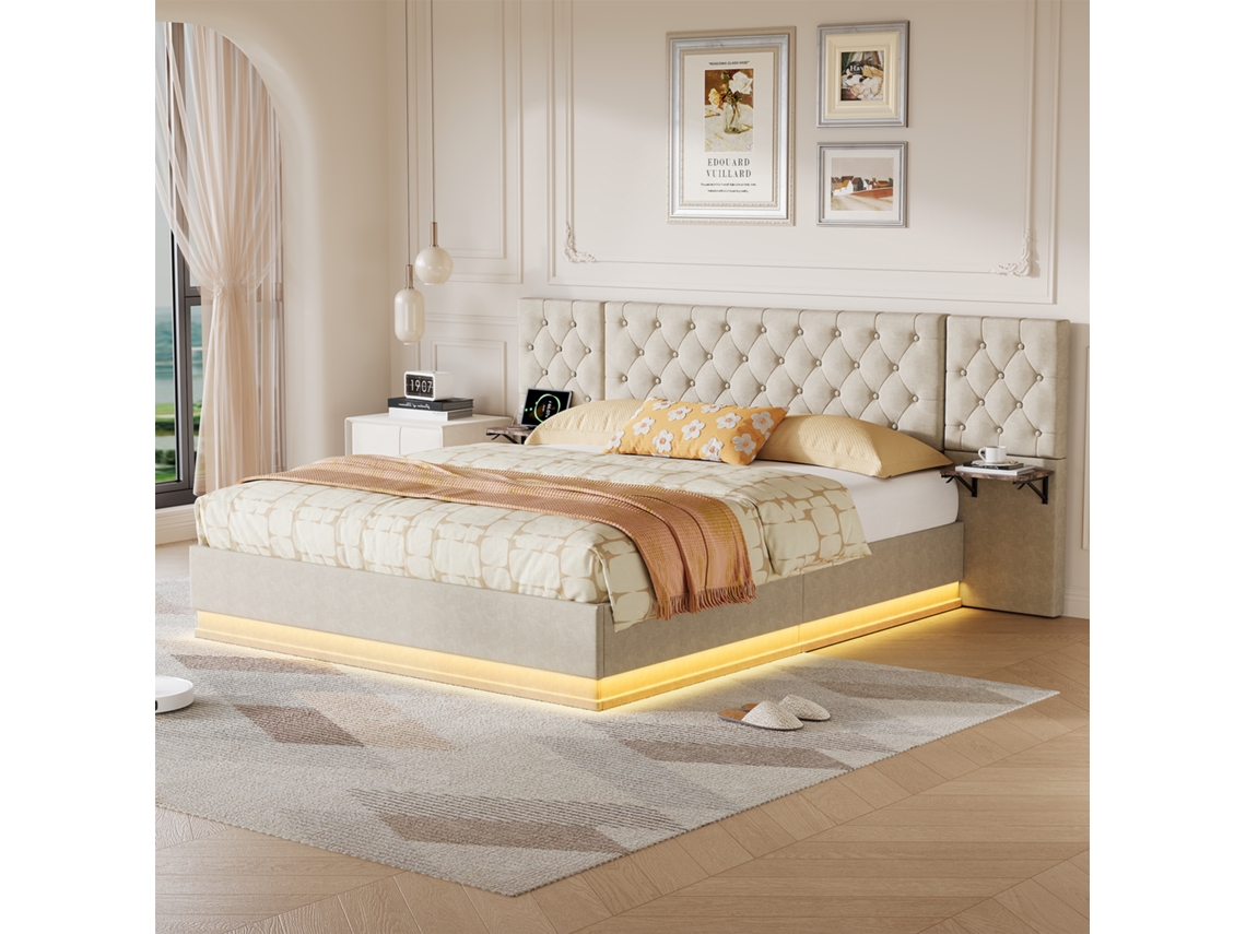 Cama De Casal Estofada, 160 X 200 Cm, Com Led, Porta Usb, Espaço De Arrumação, Cabeceira Larga E Encosto Almofadado. Sem Colchão