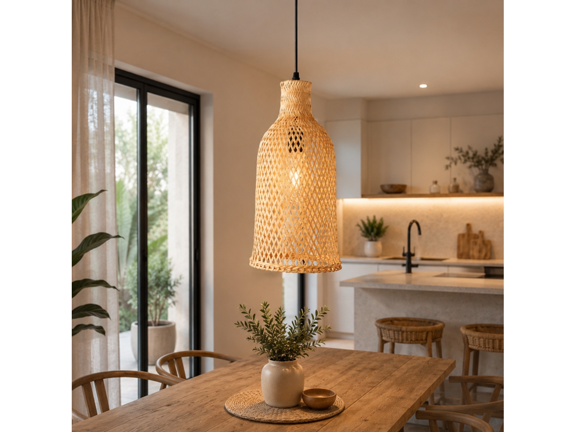 Luminárias pendentes de madeira, vime e rattan.