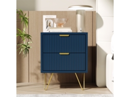 Cômoda Com 2 Gavetas, Pés Dourados E Padrão Vertical, Azul Escuro, Elegante, Moderna E Prática Para Quarto Ou Sala De Estar.