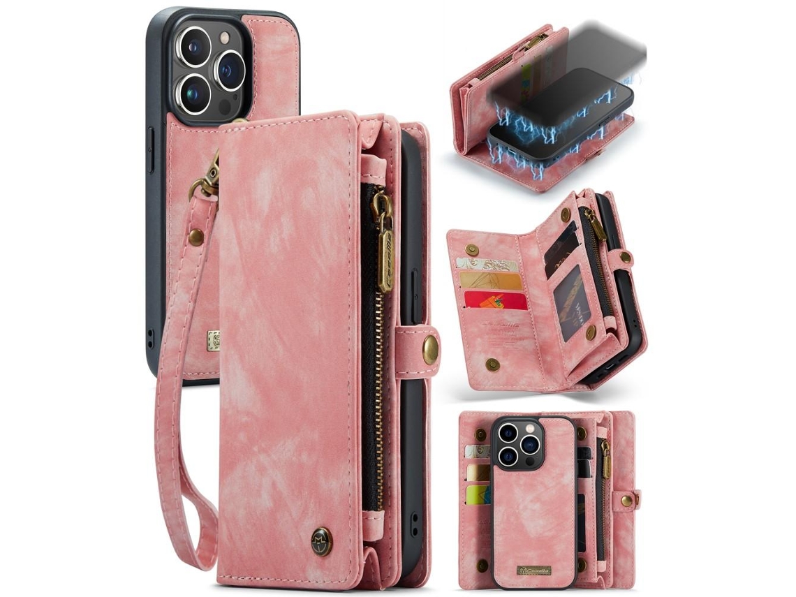 Capa Carteira Retrô Para Iphone 15 Pro, Rosa