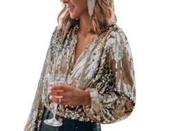 2026-camisa De Mulher Com Strass Decote Em V Manga Longa Para Festa Egt Xl Ouro