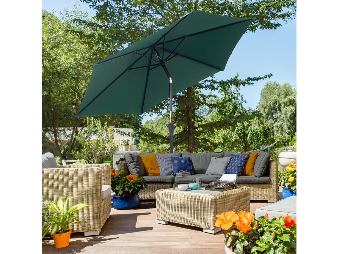 Guarda sol de Jardim em Alumínio Ø260x235 Cm, Reclinável, com Manivela e 6 Varetas de Metal, Ideal para Terraços e Varandas. Cor Verde.