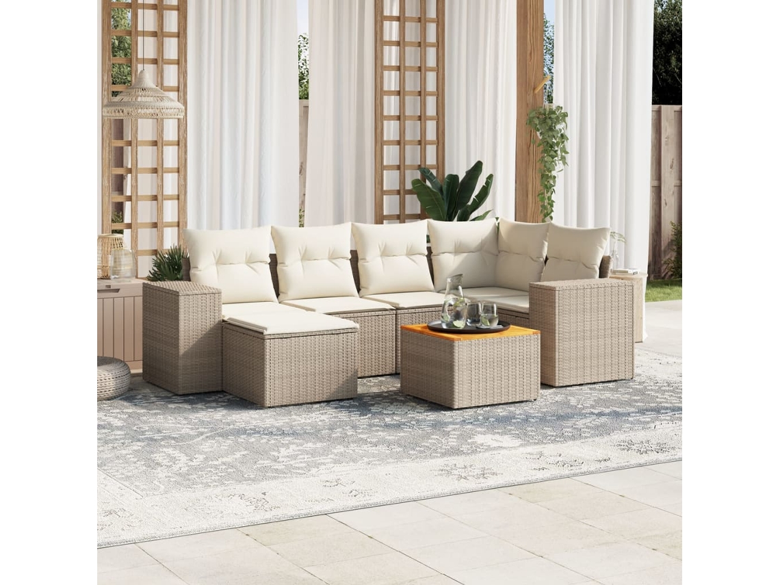 Vidaxl 7 Pcs Conjunto De Sofás P/ Jardim Com Almofadões Vime Pe Bege