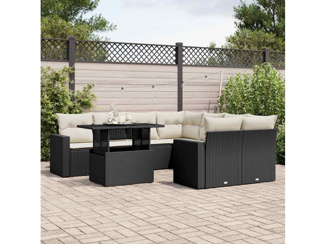 Jogo de Sofá 9 Peças P/ Jardim C/ Almofadões Vime Pe Preto Dkd Home Decor