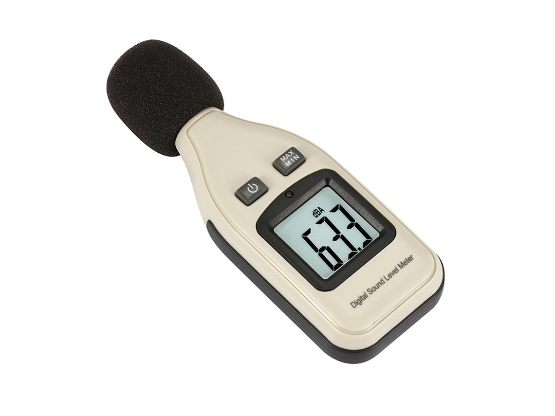 Medidor de nível de som portátil e compacto com decibelímetro e visor LCD.