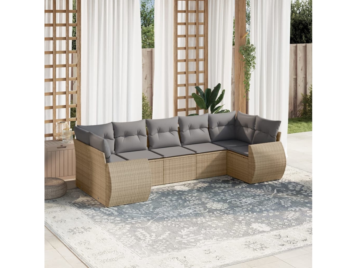 Vidaxl 7 Pcs Conjunto De Sofás P/ Jardim Com Almofadões Vime Pe Bege