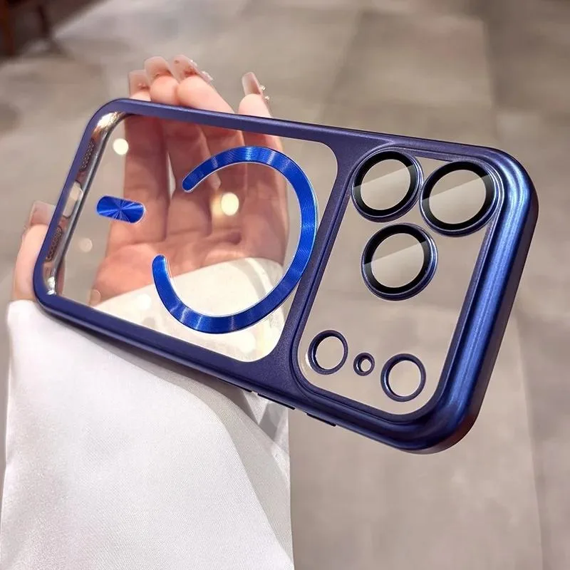 (azul Iphone 17 Pro) Capa Transparente De Luxo Para Iphone Com Revestimento Plástico Eletrogalvanizado E Revestimento Magnético.