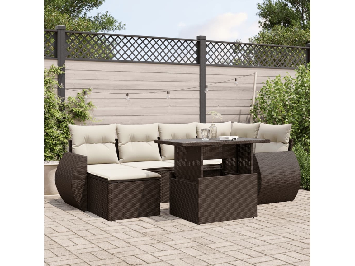 Vidaxl 7 Pcs Conjunto De Sofás Jardim C/ Almofadões Vime Pe Castanho