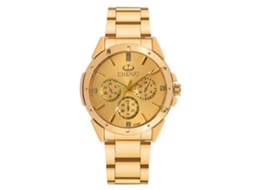 Relógio de casal de luxo em aço inoxidável com movimento de quartzo luminoso e strass (dourado para homem)