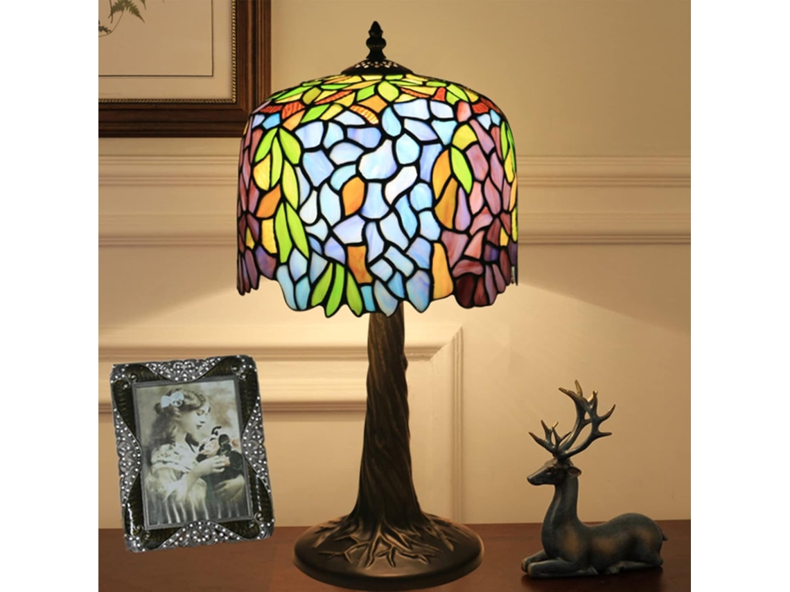 Luminária Botowi Azul E Roxa Com Estampa De Glicínias, Estilo Tiffany, Com Vitral, Mini Luminária De Cabeceira Para