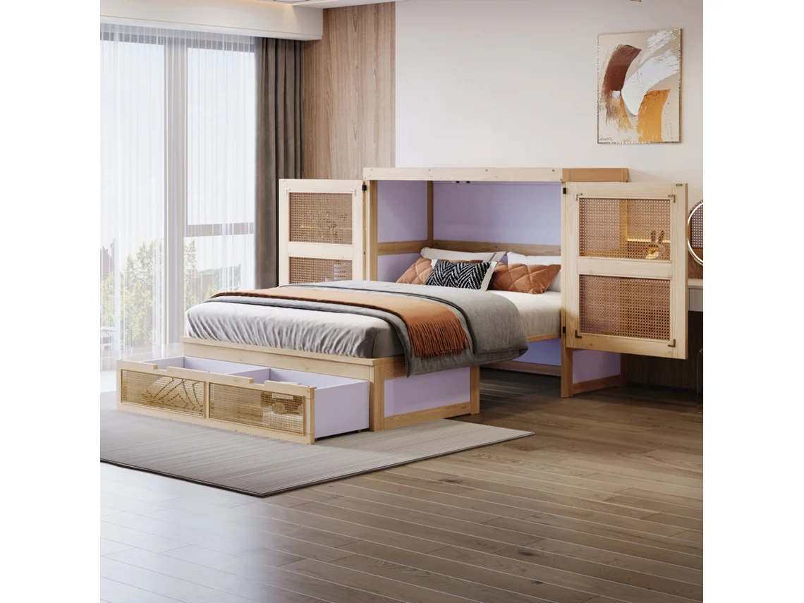 Cama Dobrável Parede 140x200 Mm Ripas Rattan Vertical Otimiza Espaço