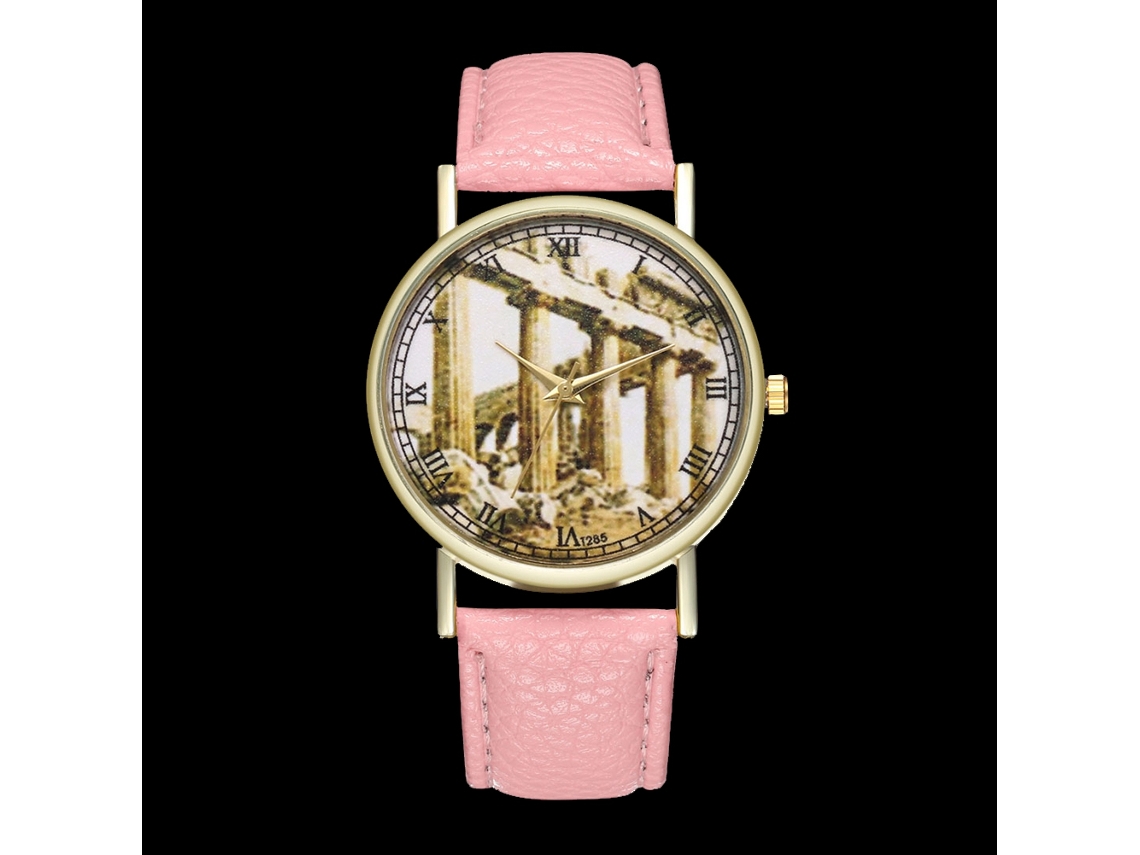 Relógio de Pulso Analógico Quartz Unissex Rosa com Mostrador Redondo e Pulseira de Couro