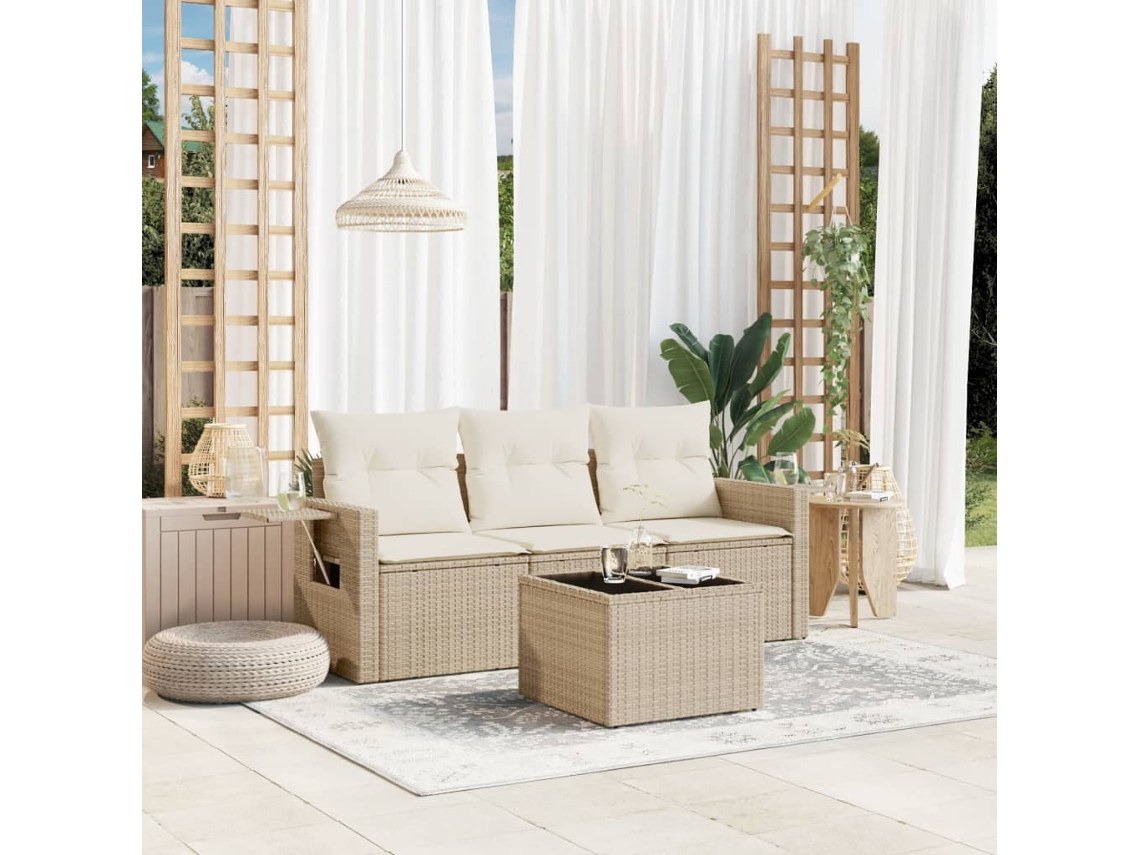 4 Pcs Conjunto De Sofás Para Jardimconjuntos Relax Jardimconjunto De Jantar C/ Almofadões Vime Pe Bege Cfw917147 Lovely Home