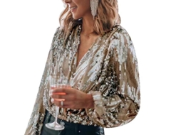 Camisa De Mulher Com Strass Gola V Manga Longa Para Festa Brilhar Ouro Xxl