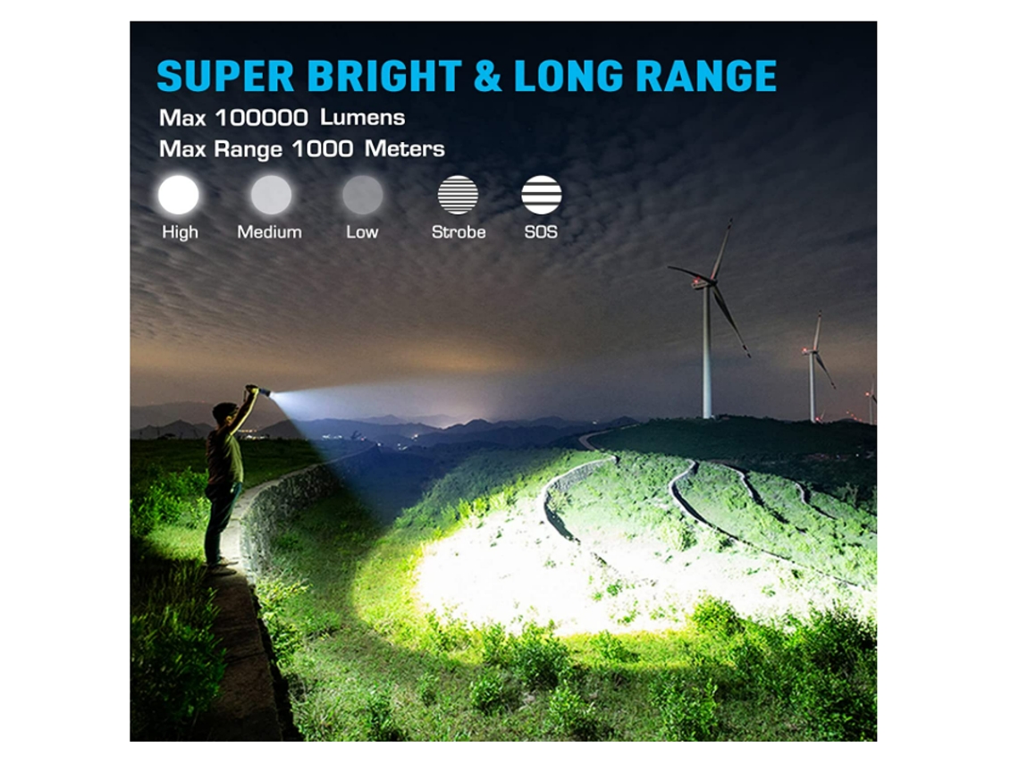 Lanternas de Led Recarregáveis,YIZHOOD Lantern-0110 Lanterna de 100.000 Lúmens Altos Lanterna Tática Mais Brilhante com Zoom Preta YIZHOOD