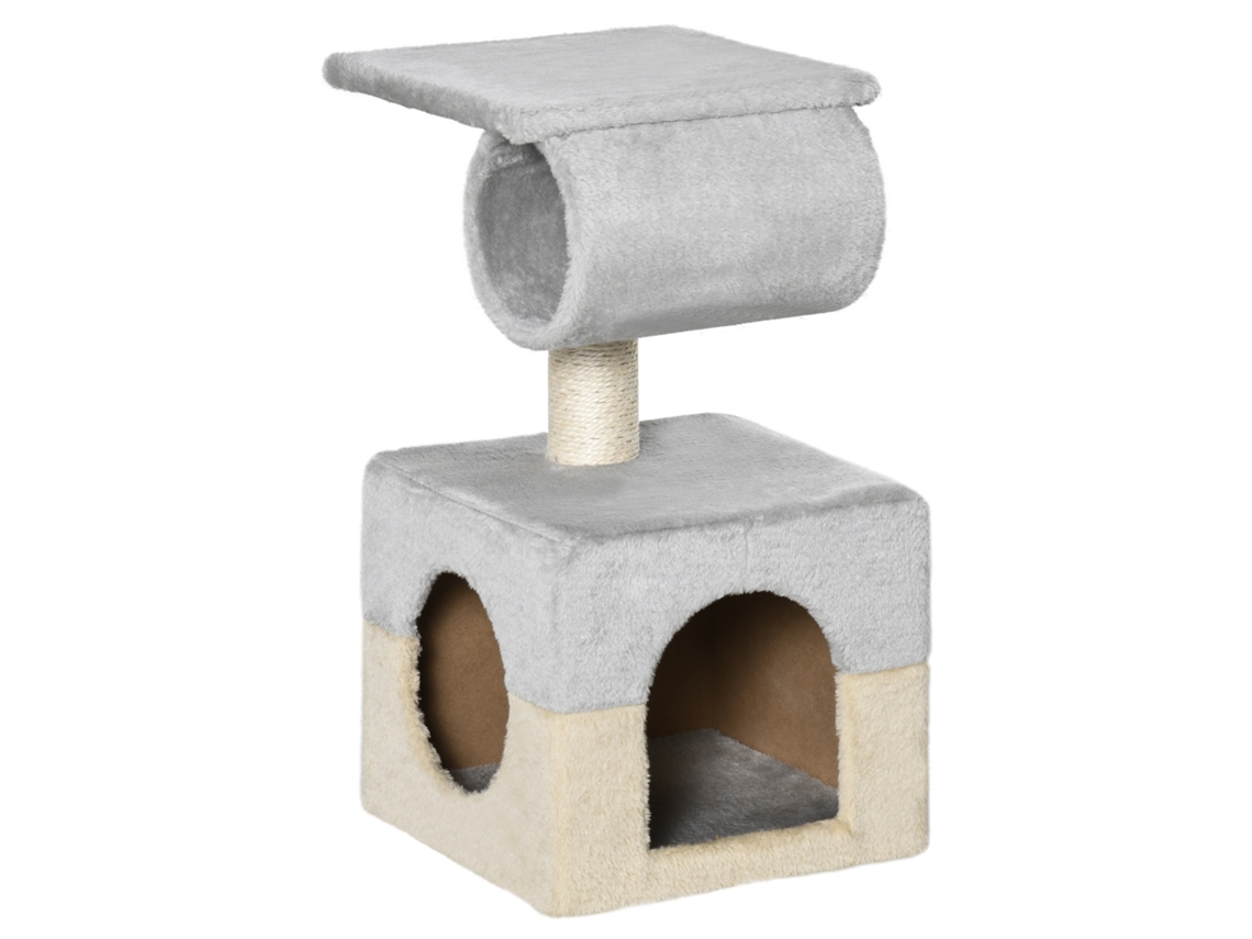 Árvore Arranhador Com Poste De Sisal Caverna De Pelúcia Suave Plataforma E Cilindro 31x31x58 Cm Cinza E Bege