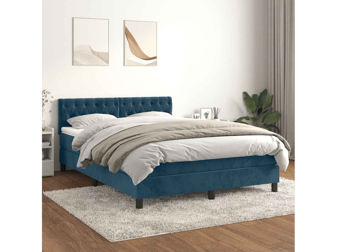 Vidaxl Cama Com Molas/colchão 140x190 Cm Veludo Azul-escuro