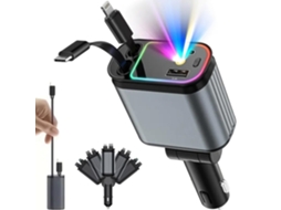 Carregador Retrátil 4 Em 1 Com Luz Estelar 66w Usb-c Ajustável 180°, Compatível Ios E Android, Carros, Caminhões E Trailers.