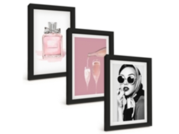 Um Conjunto De Imagens Decorativas Em Uma Moldura Acessórios Rosa Estilosos Moldura Preta Pinturas De Quarto Espelharte (3 Peças 20x30 Cm)