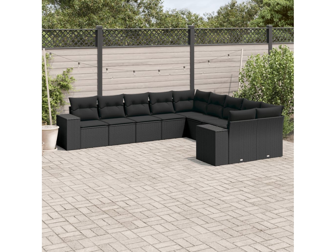 10 Pcs Conjunto Sofás De Jardim C/ Almofadões Vime Pe Preto Dkd Home Decor