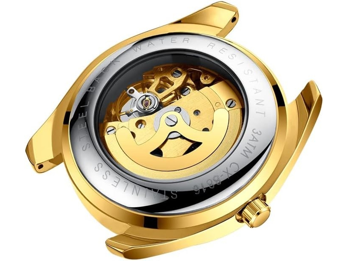 Lurelia Relógio Mecânico Masculino, Automático, Mostrador Esqueleto, Aço Inoxidável, Resistente À Água 30m, Branco, Dourado