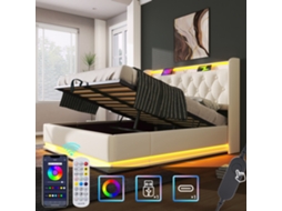 Cama Casal 180x200cm Led 360° Usb-c Controle App/fio Pu Branco