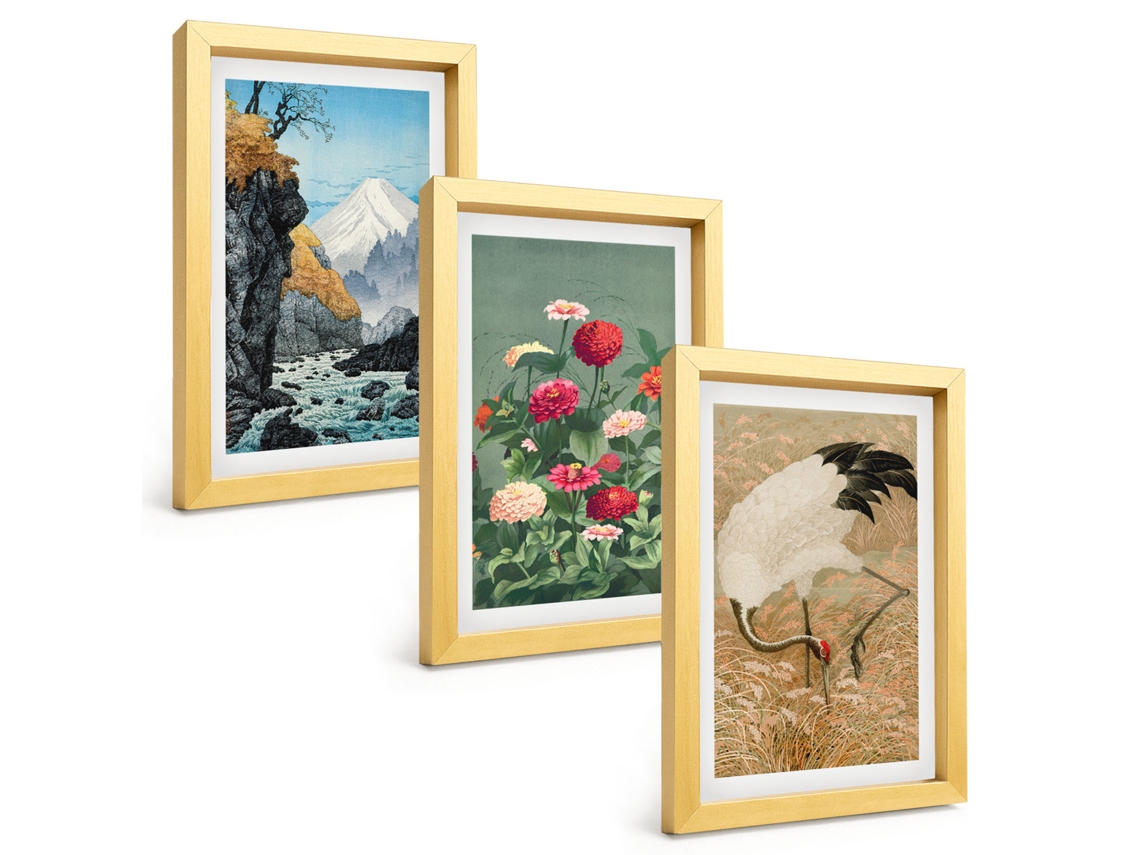 Composição De Quadros Paisagem De Montanha, Rio, Flores E Garças Espelharte (3 Peças 20x30 Cm)