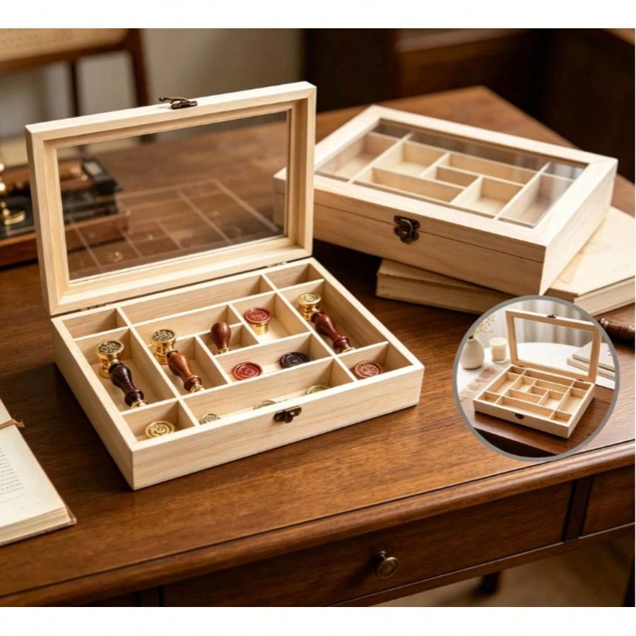 Organizador de Mesa em Madeira Pinho com Tampa Vidro 13 Divisórias