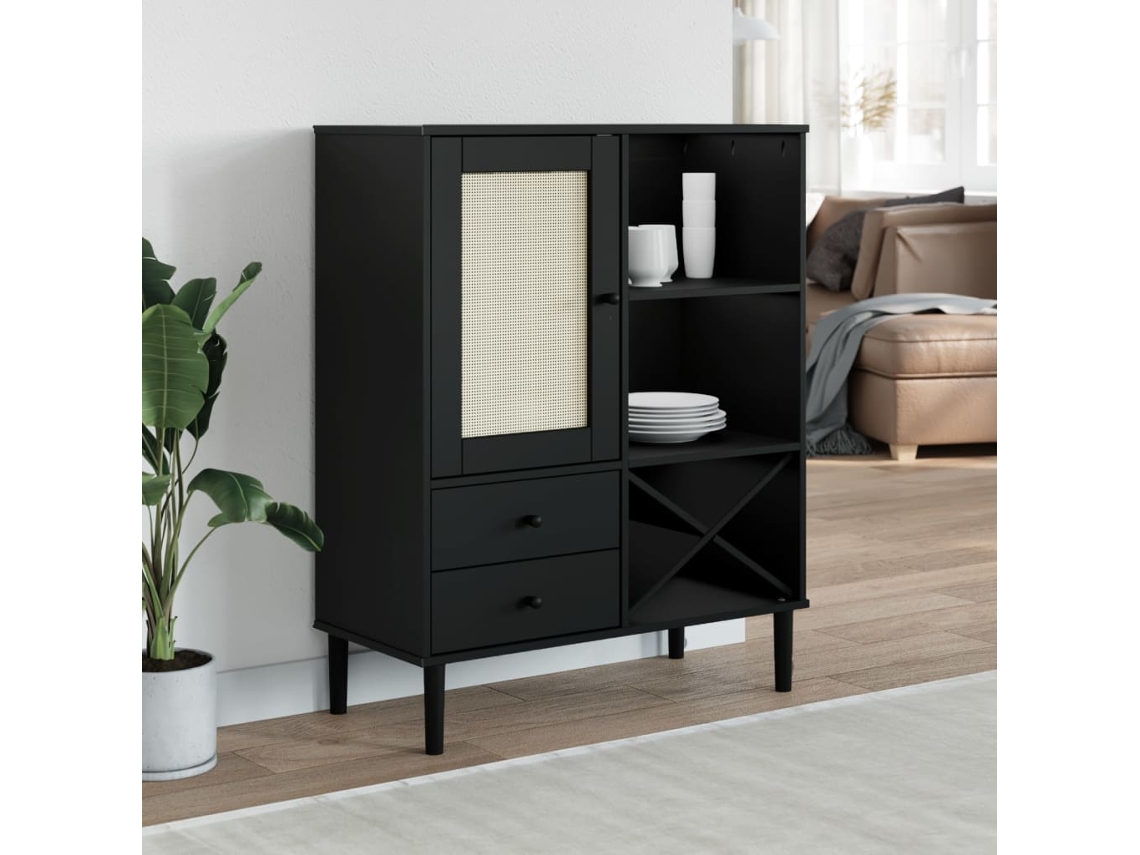 Vidaxl Móvel Alto Senja Aspeto Vime 90x40x112 Cm Pinho Maciço Preto