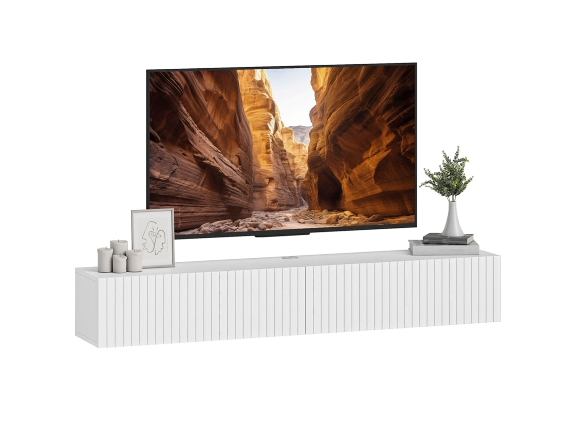 Móvel Tv Suspendu 140cm, Móvel Tv Pour Téléviseur 72 Pouces, 2 Portes Rabattables, 140x25x22cm, Branco