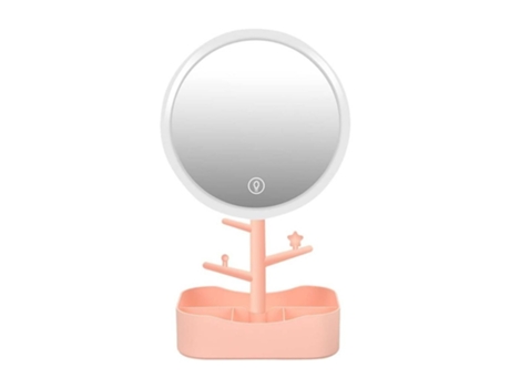 Espelho de maquiagem de mesa com porta-joias com luz LED recarregável