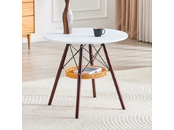 Mesa Redonda 80cm Mdf Branco Pés Nogueira Cesto Trançado 2 4p VELTRIX