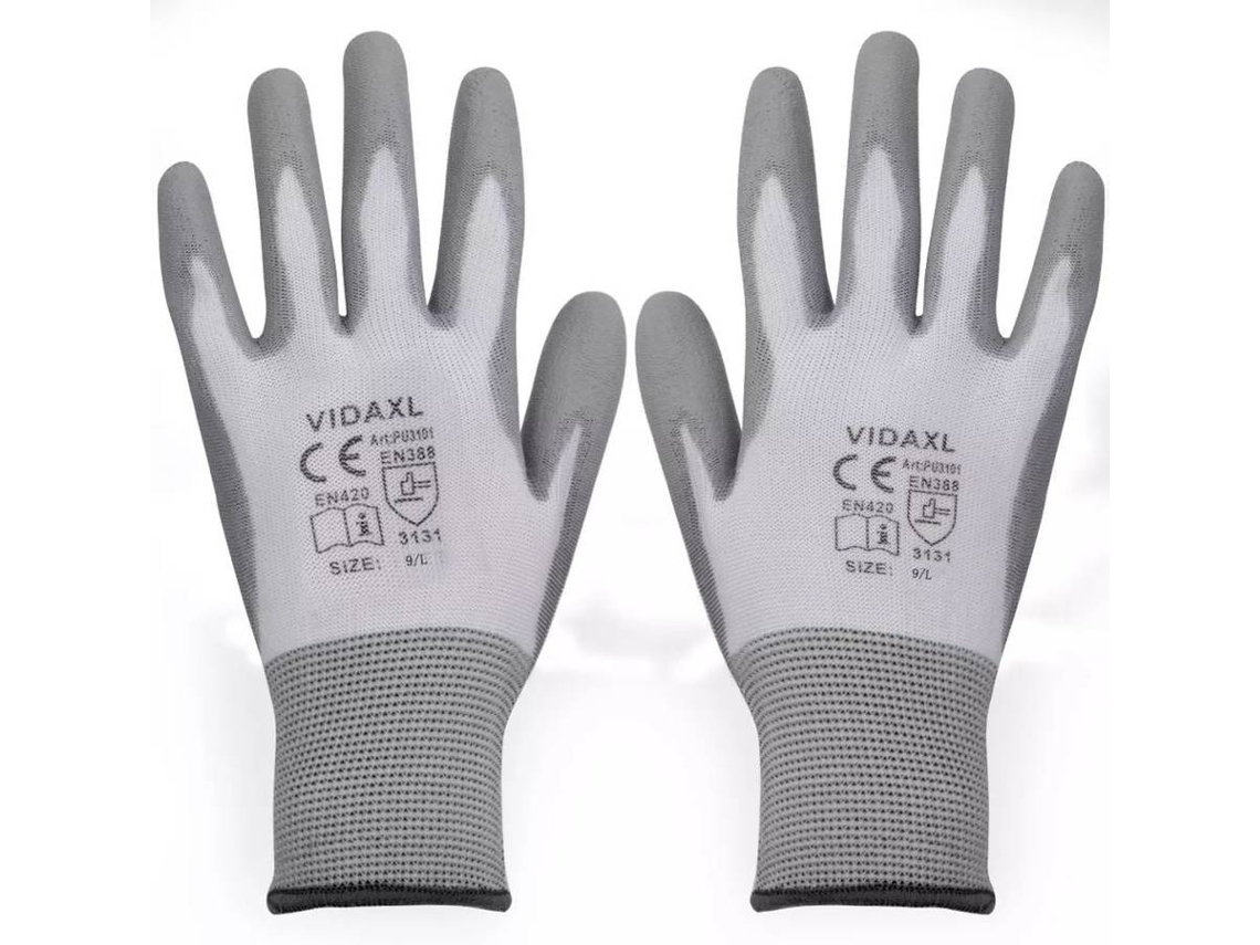 vidaXL Luvas trabalho em PU, 24 pares, tamanho 9/L, branco e cinzento