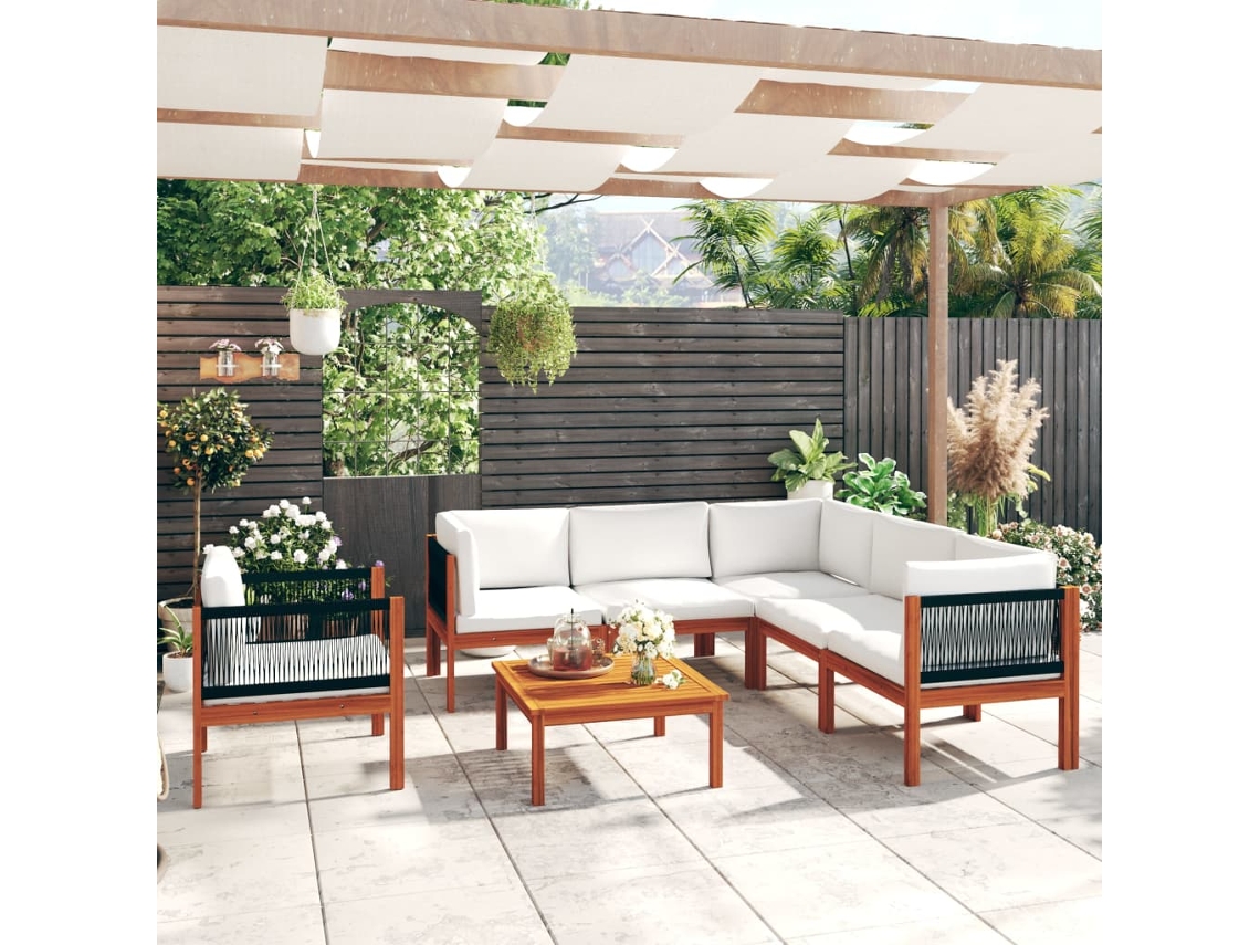 Vidaxl Conjunto De Lounge De Jardim Vidaxl Com 7 Peças E Almofadas Em Madeira De Acácia Creme E Corda