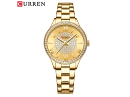 Relógio (dourado) Com Strass E Pulseira De Aço, Estilo Moderno E Casual.